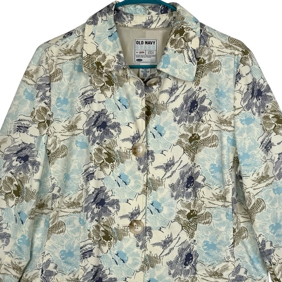 Old Navy Blue Floral Trench Coat Women’s Large – Vintage Y2K Spring Jacket - Picture 3 of 14